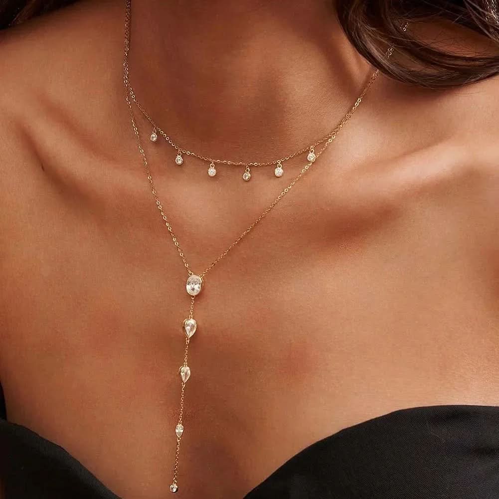 Dainty Crystals Y - Shape Necklace Sterling Silver - AYUNA