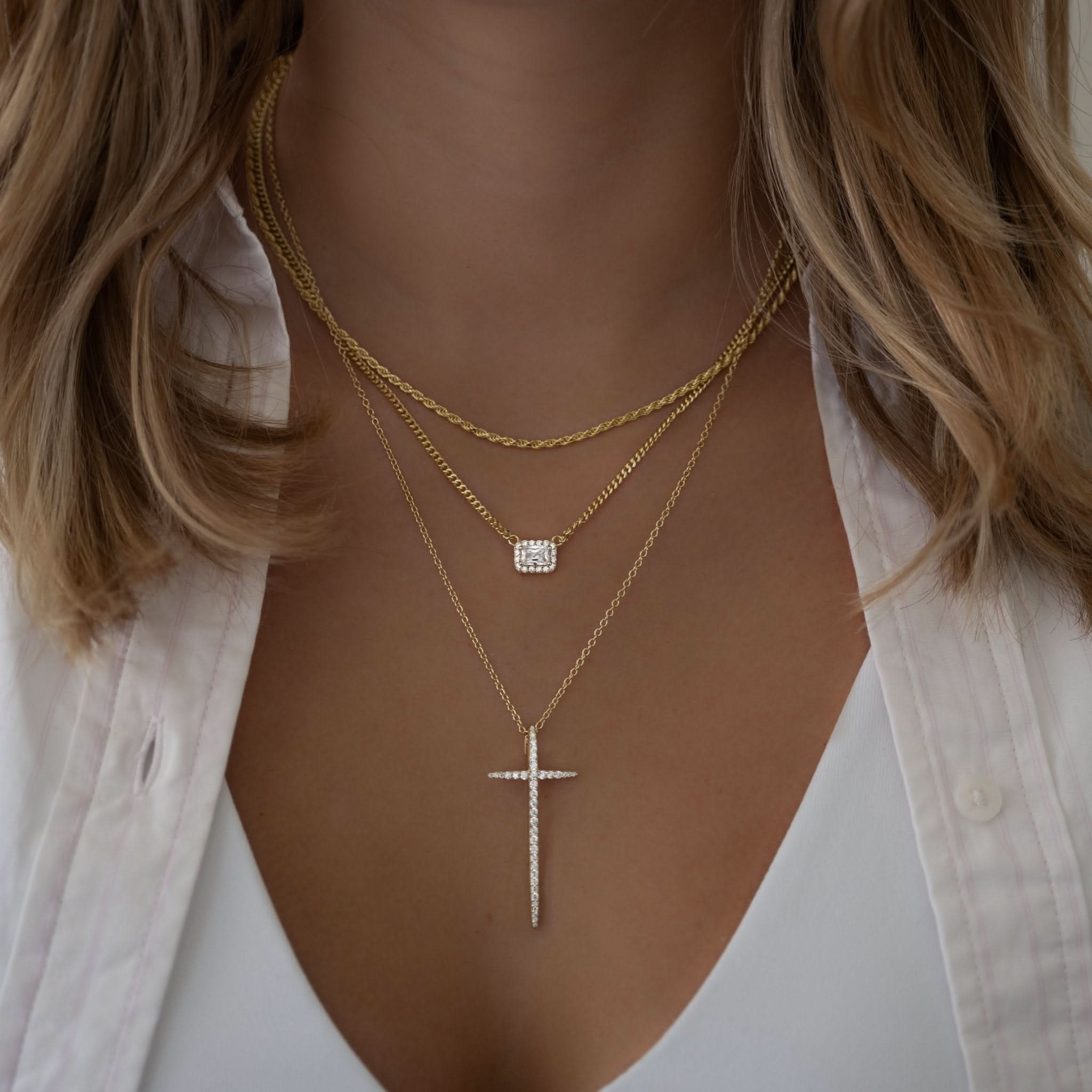 Halo Emerald Cut Necklace on Cuban Chain - AYUNA