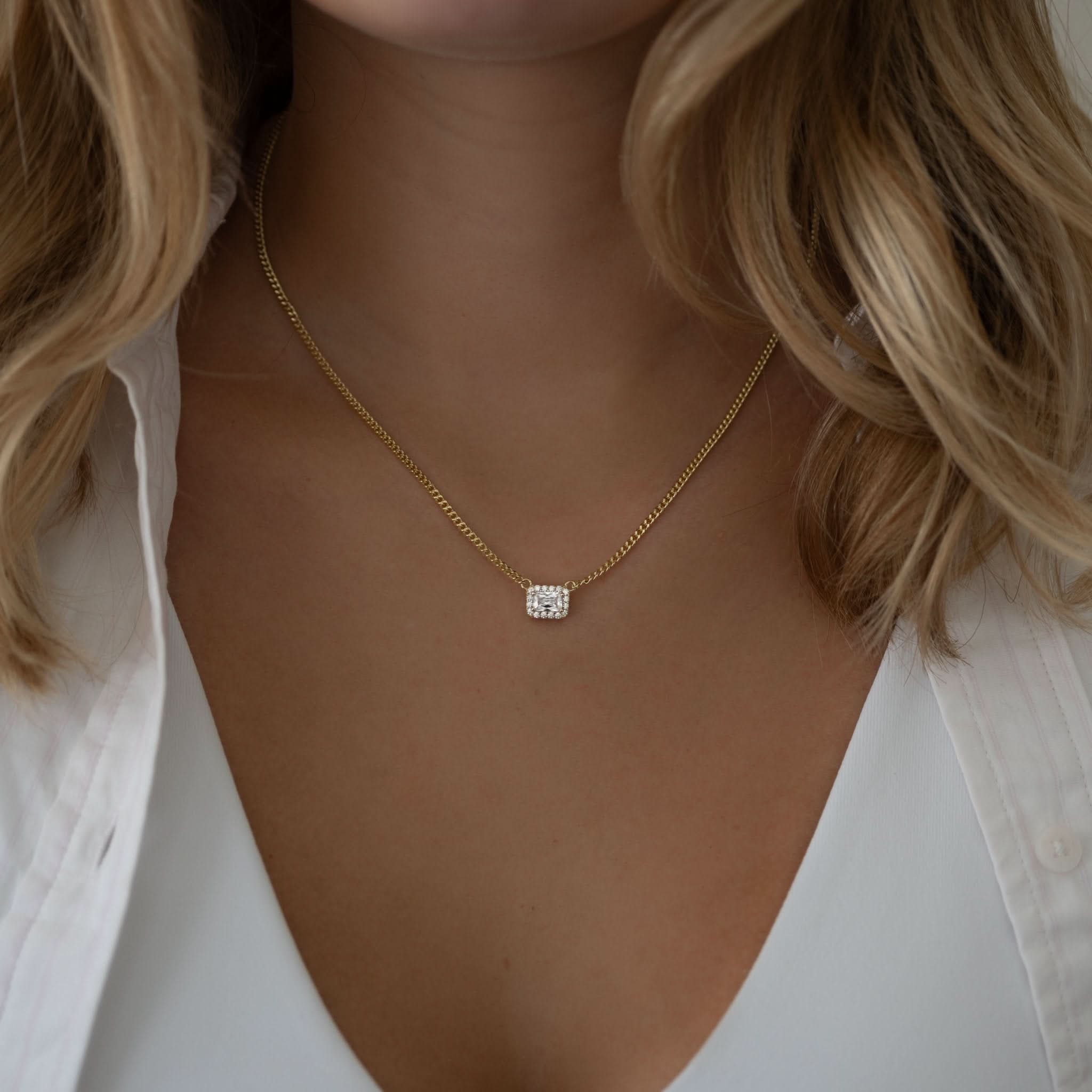 Halo Emerald Cut Necklace on Cuban Chain - AYUNA